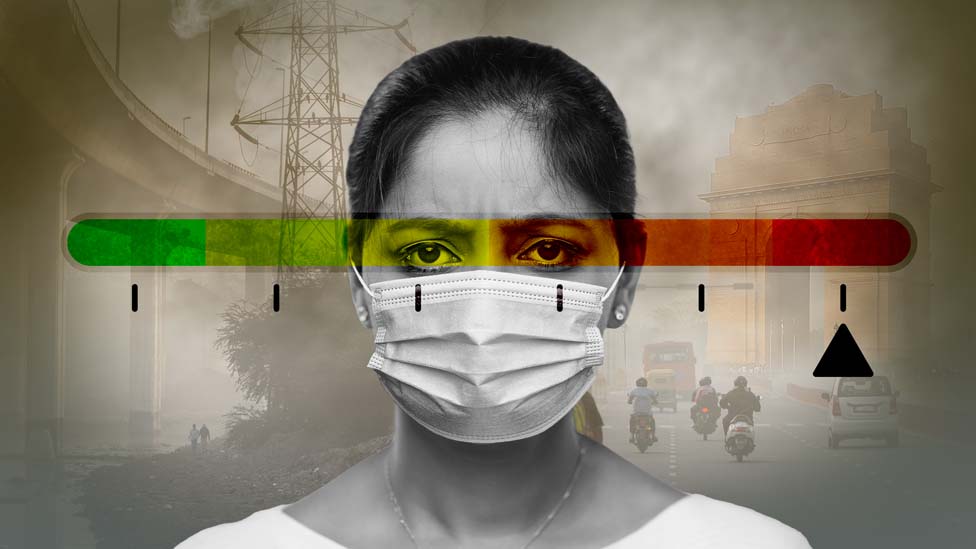 A person with mask and in background is pollution