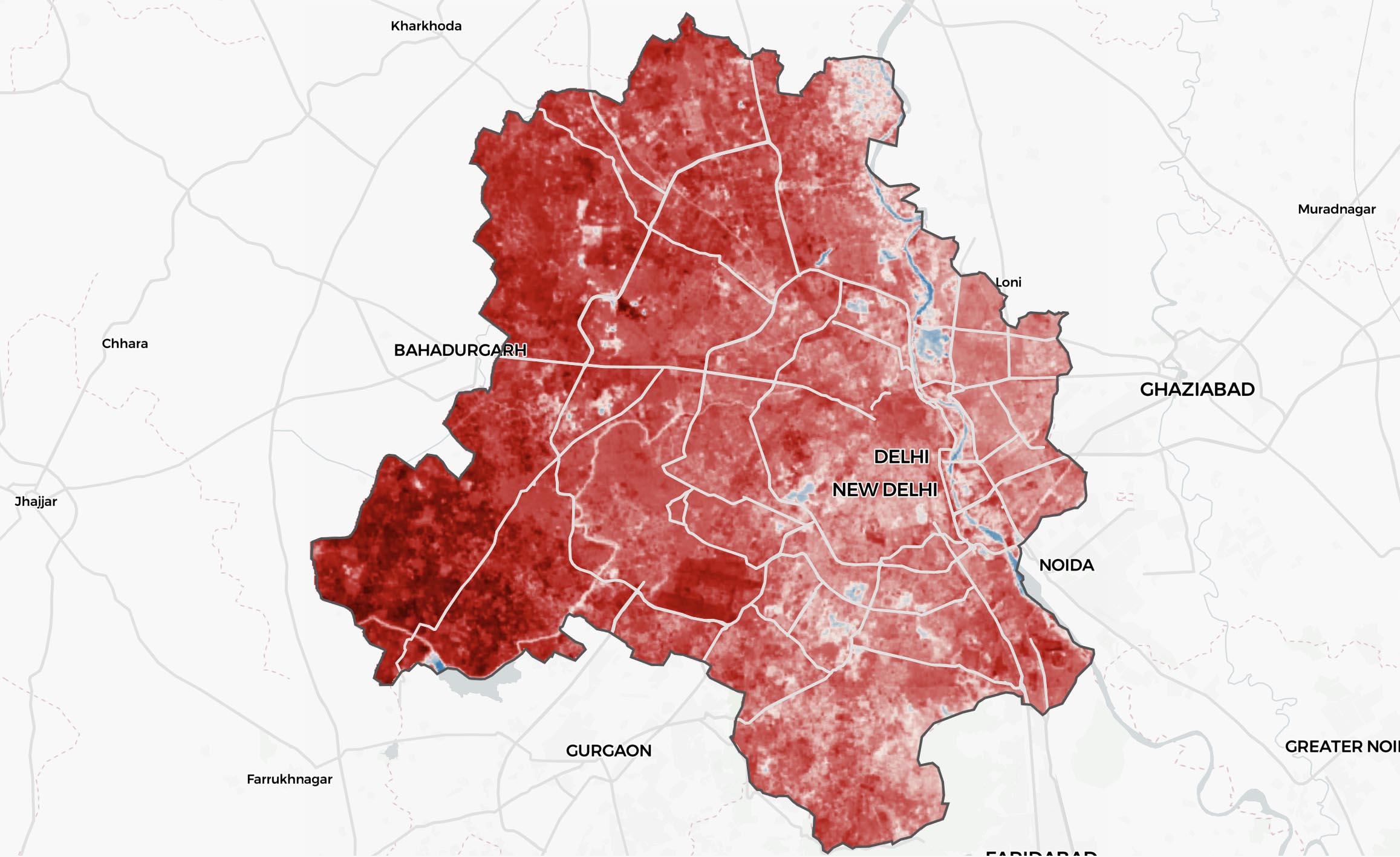 Image shows map of Delhi with pre-rendered raster tiles of surface temperature