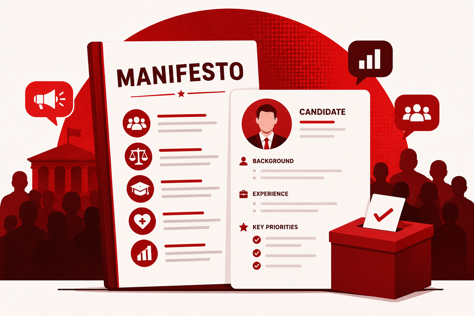Image showing a manifesto and candidate profile with people in the background